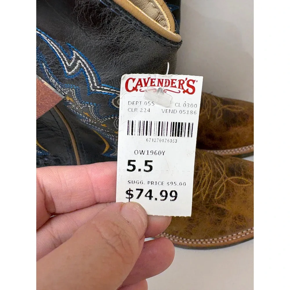 Old West BSY1960 Youth Cowboy Boots Burnt Tan Navy Blue Wide Square Toe 5.5 D